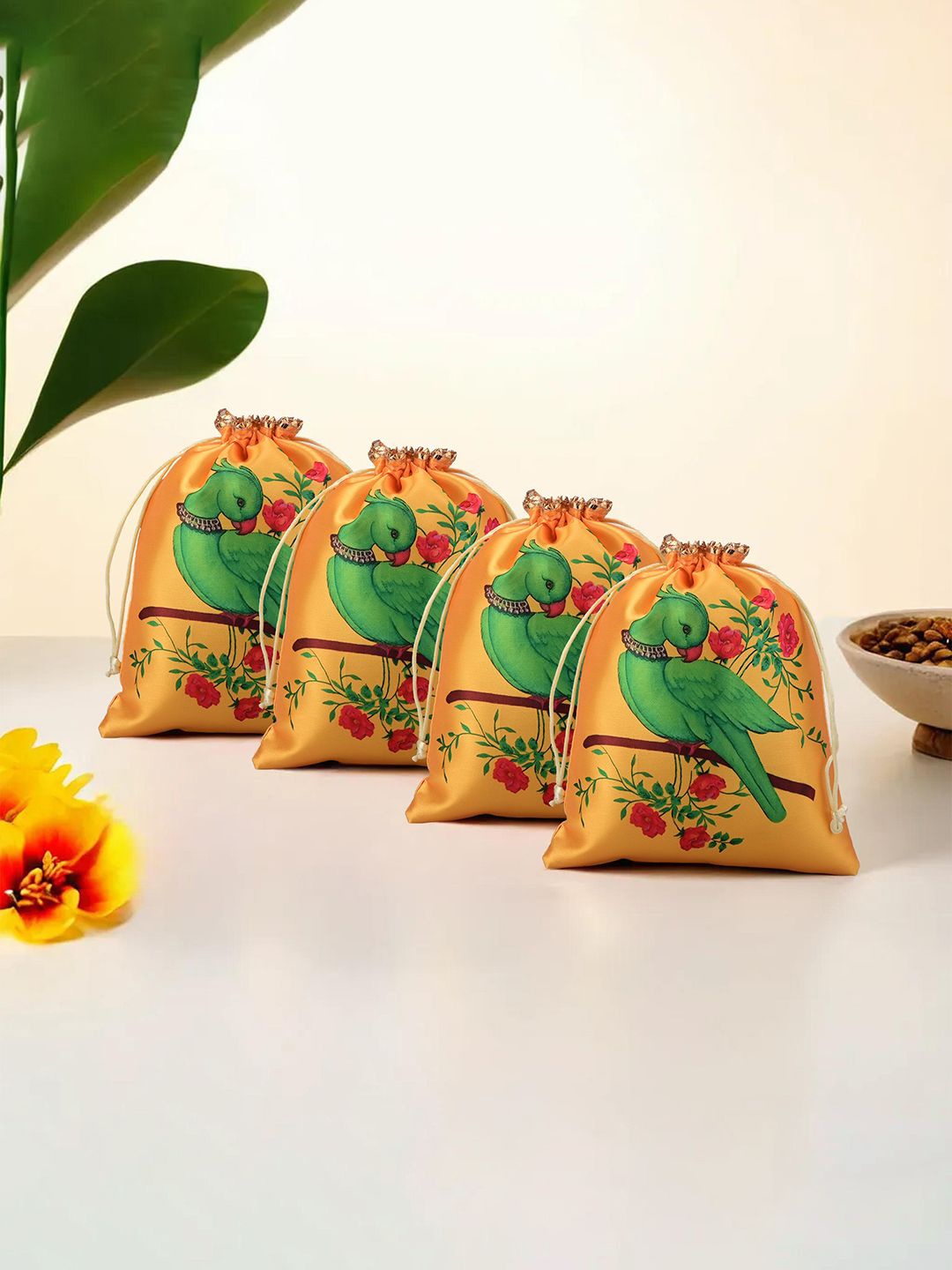 

Kuber Industries Unisex Set Of 4 Parrot Design Printed Satin Potli Clutchs, Yellow