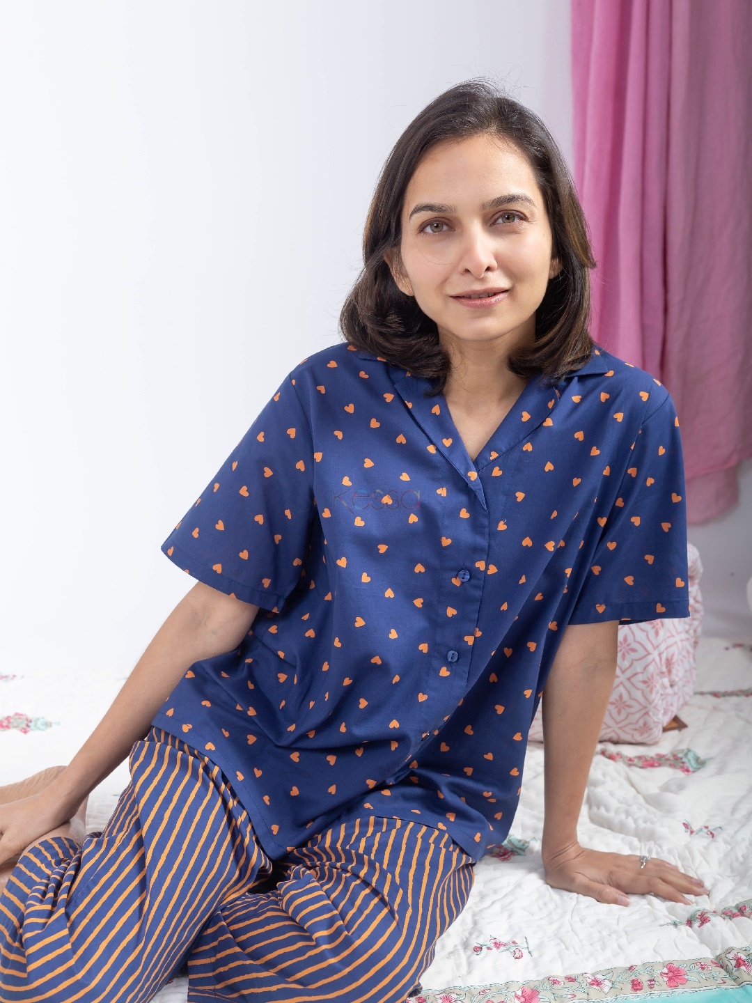 

KUSVAA Hira Striped Printed Cotton Shirt With Pyjama, Blue