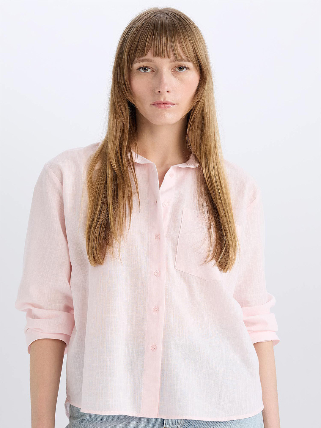 

DeFacto Women Spread Collar Solid Cotton Casual Shirt, Pink