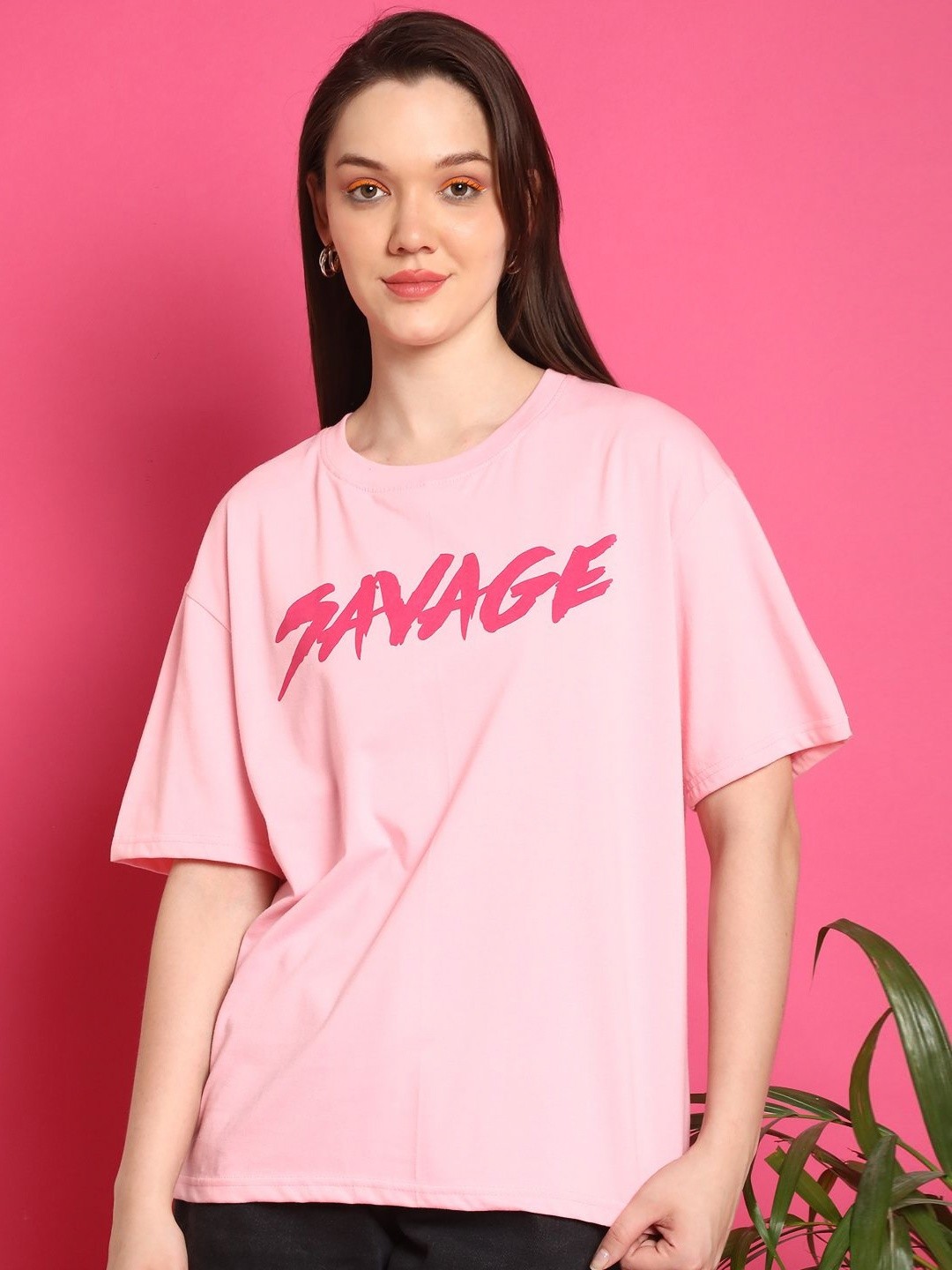 

Metronaut Women Pack Of 2 Graphic Printed Round Neck Cotton Oversized T-shirts, Pink