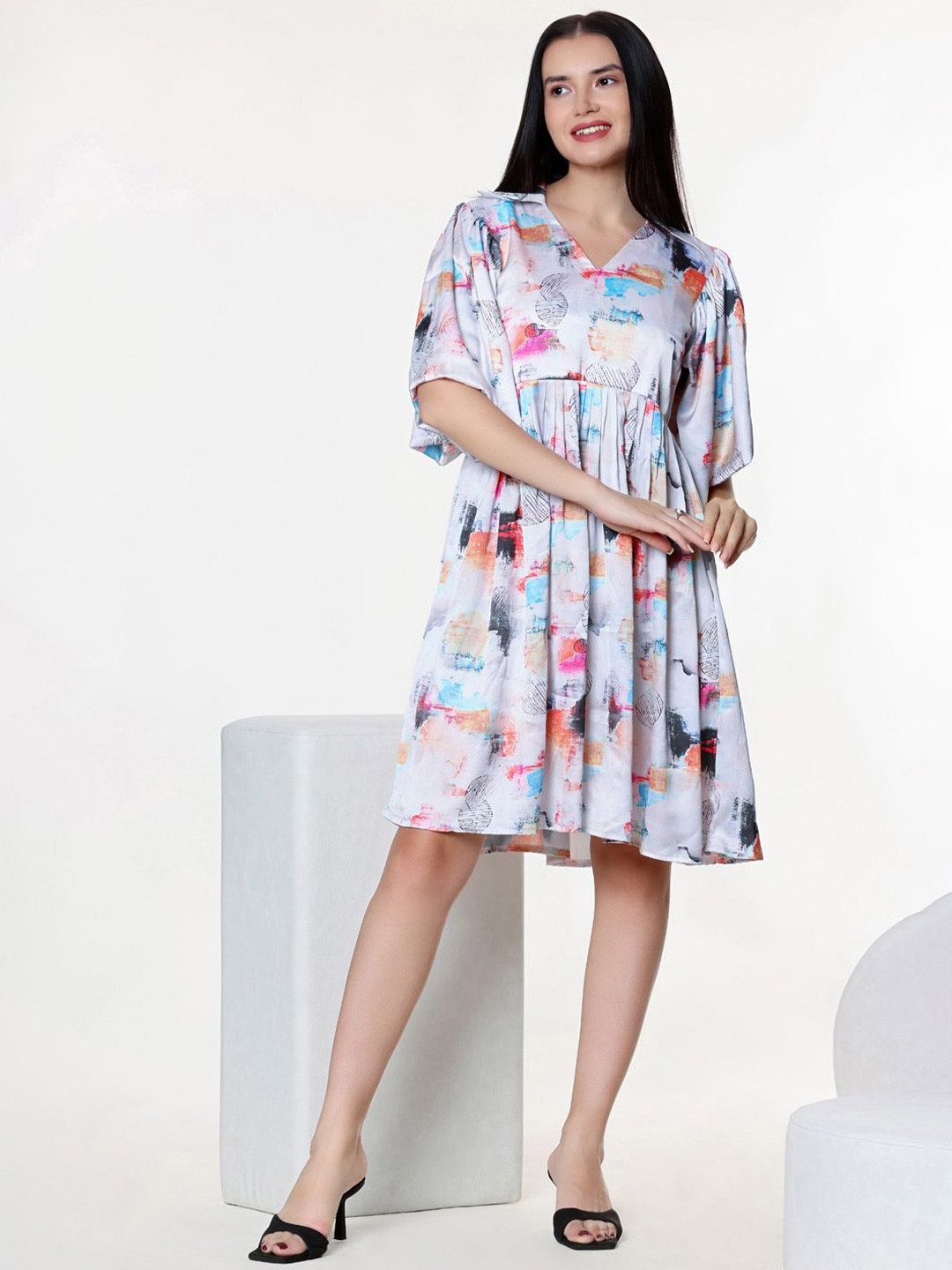 

aaRVee STUDIO Women Printed Flared Sleeves Fit & Flare Dress, White
