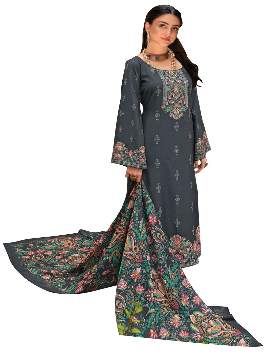 

DRAVINAM Trends Ethnic Motifs Printed Pashmina Unstitched Dress Material, Grey