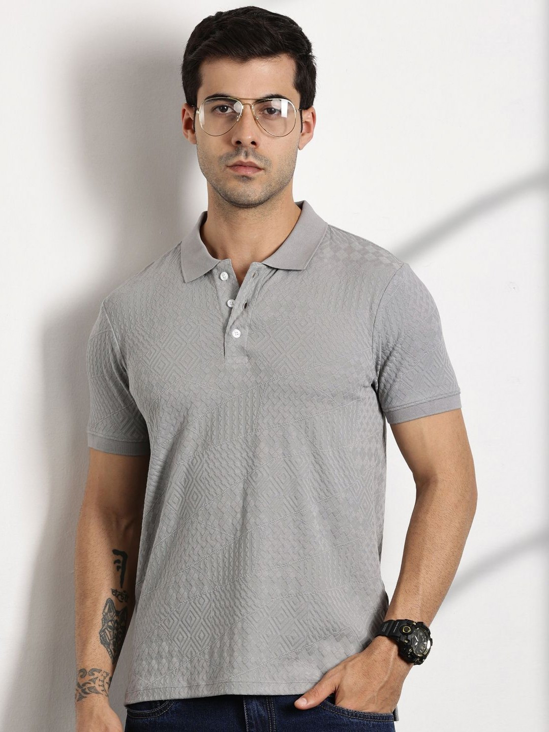 

Thomas Scott Men Self Design Polo Collar Cotton T-shirt, Grey
