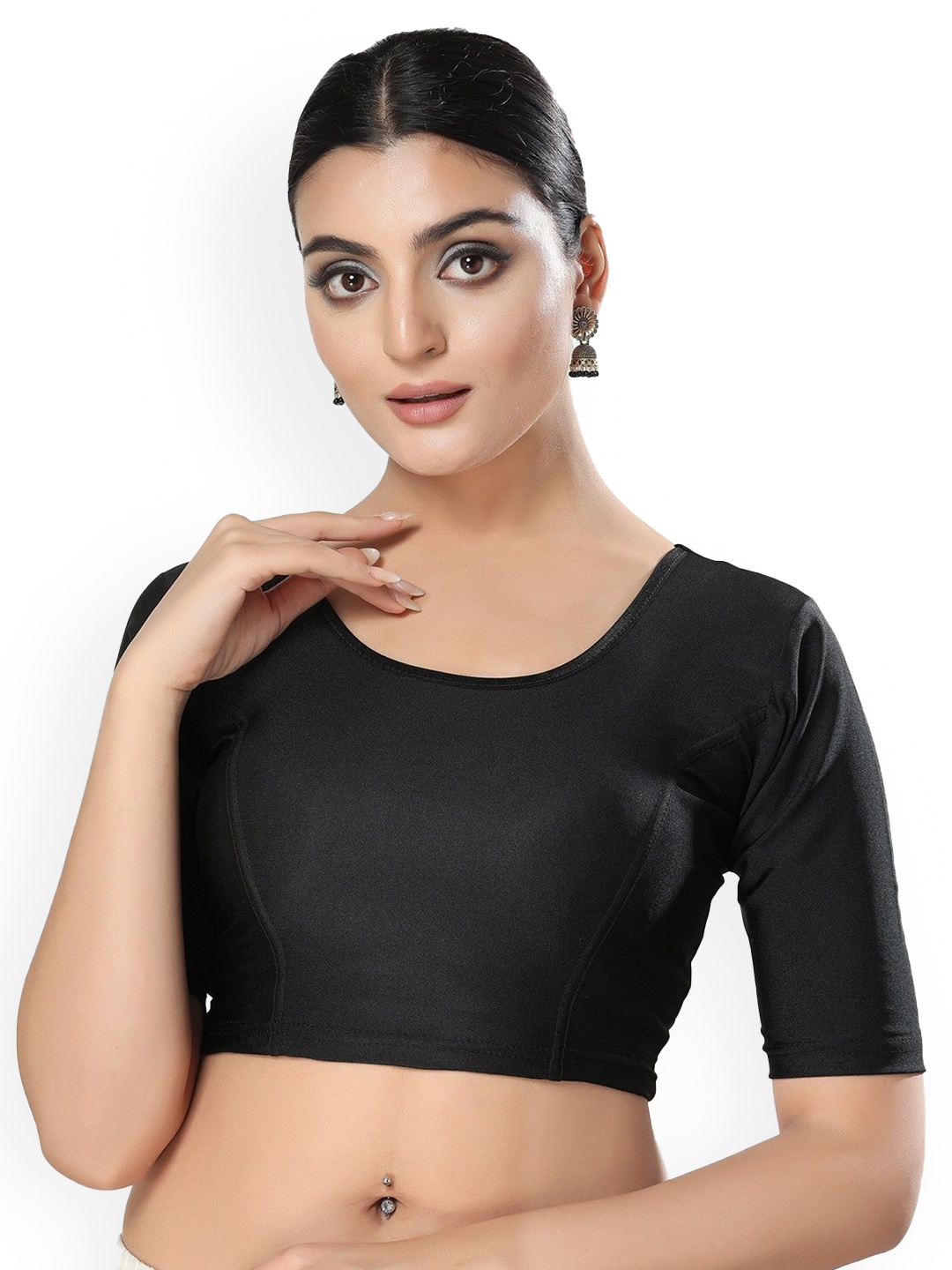 

Mmore Round Neck Short Sleeves Stretchable Saree Blouse, Black