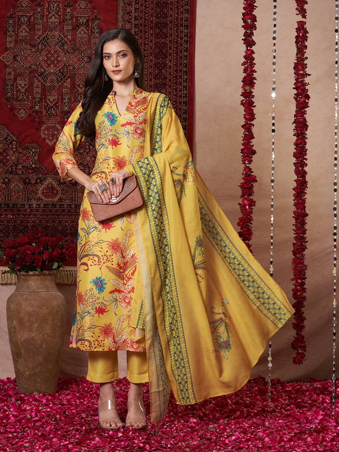 

Anni Designer Floral Printed Notch-Neck Straight Kurta With Trouser & Dupatta, Mustard