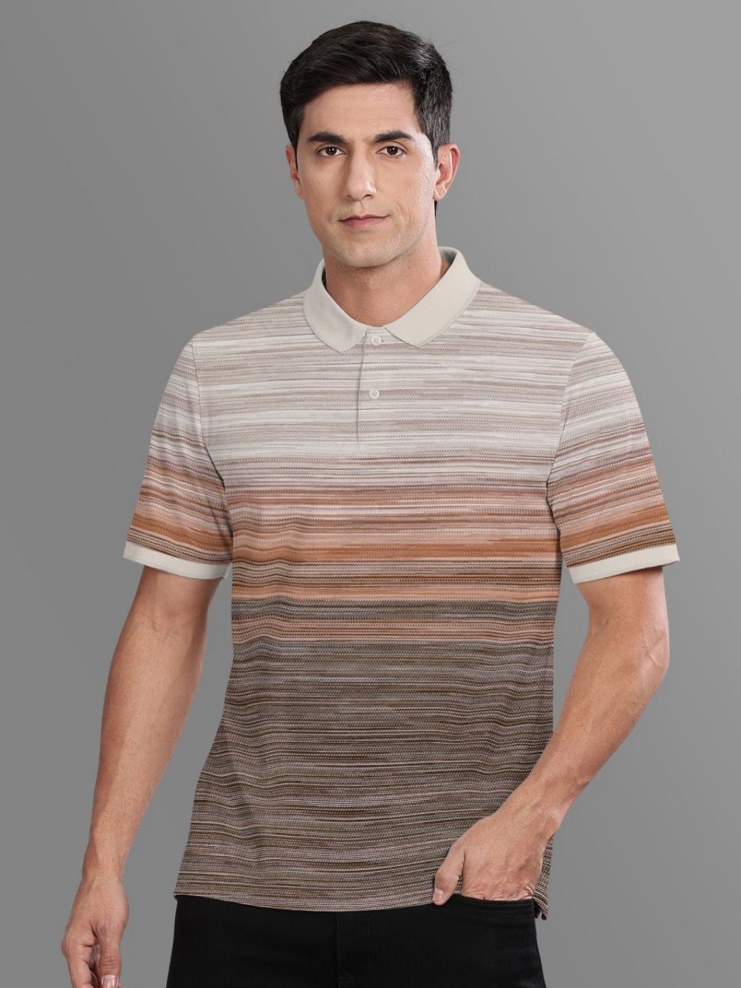 

BULLMER Men Striped Polo Collar Cotton T-shirt, Brown