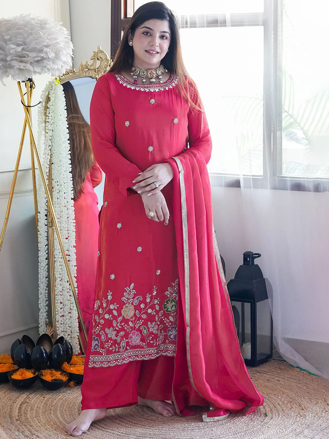 

BAESD Floral Embroidered Beads and Stones Boat Neck Kurta With Trouser And Dupatta, Pink