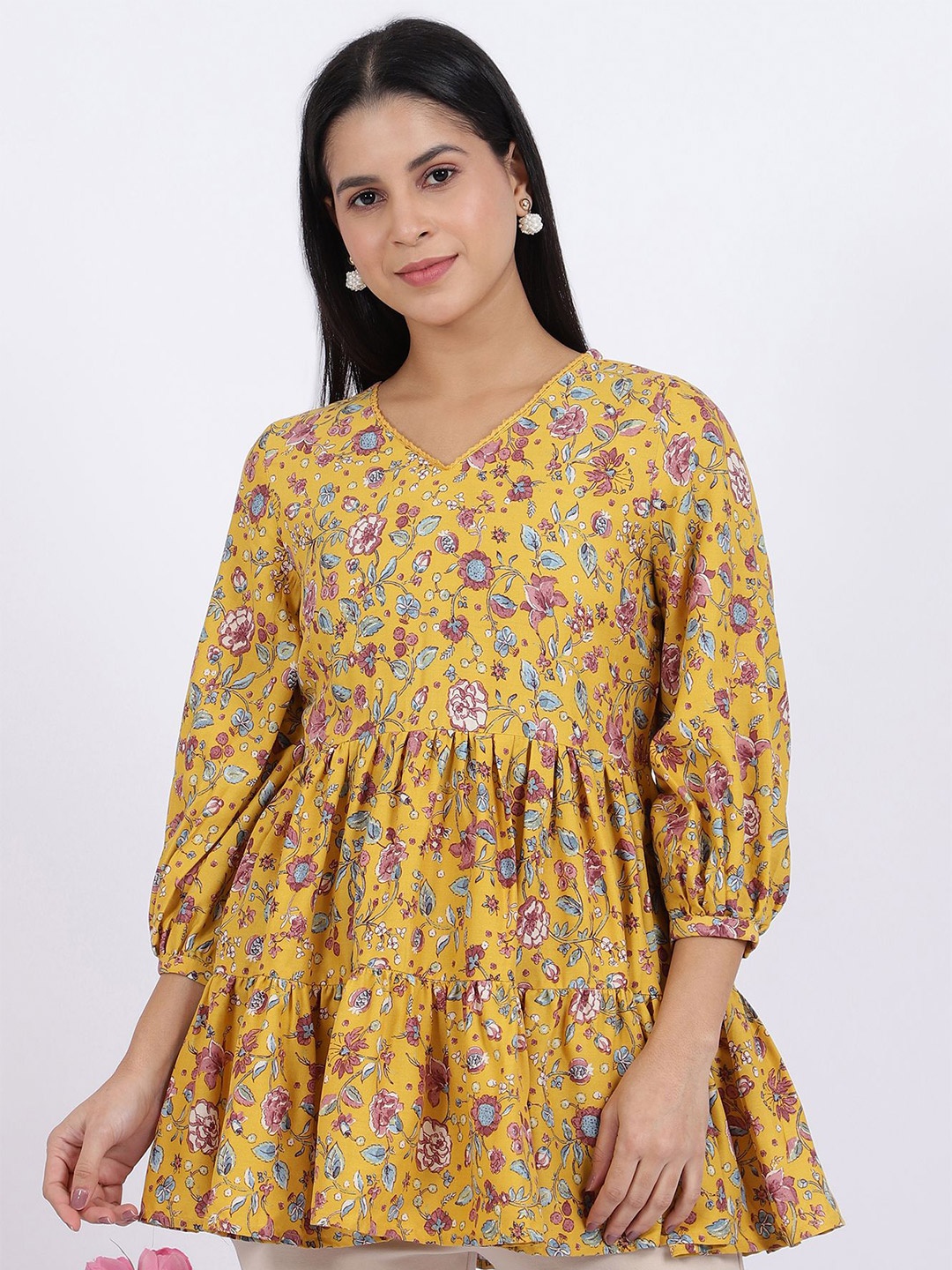 

W Women Floral Printed Peplum Top, Yellow
