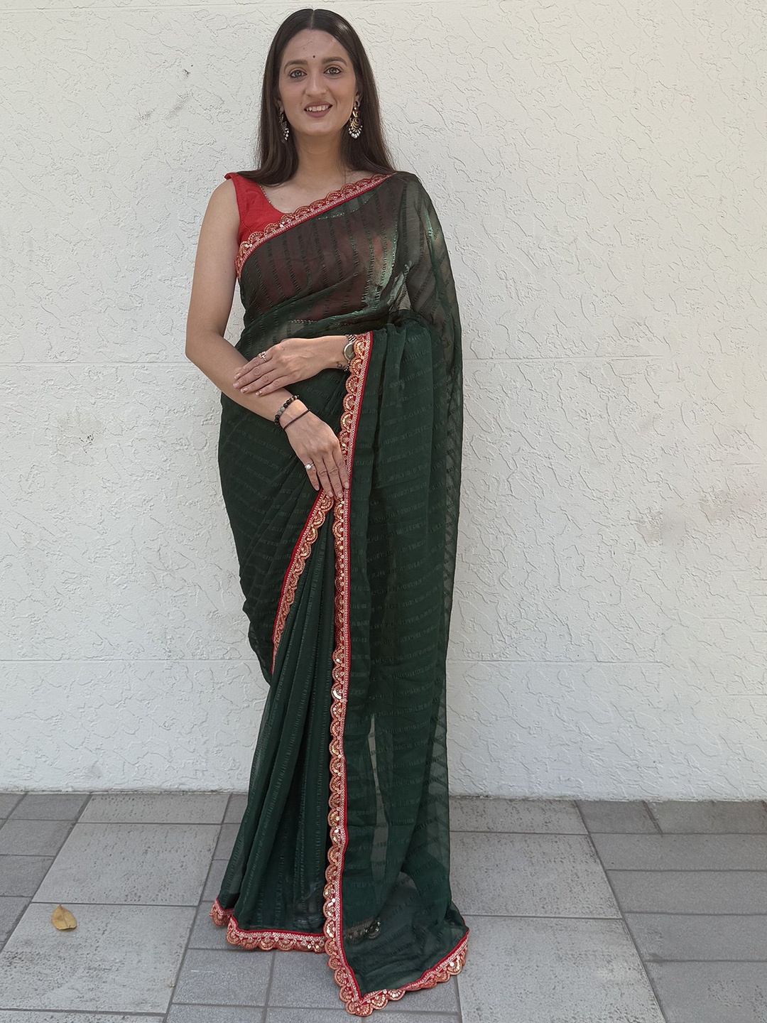 

Aika Striped Sequinned Pure Chiffon Saree, Green