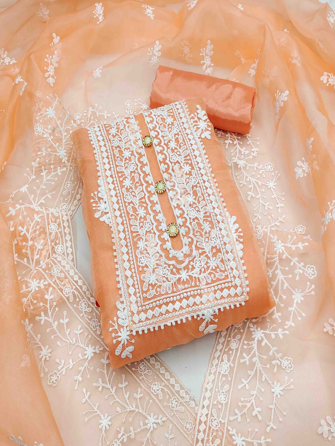 

Blissta Floral Embroidered Organza Unstitched Dress Material, Orange