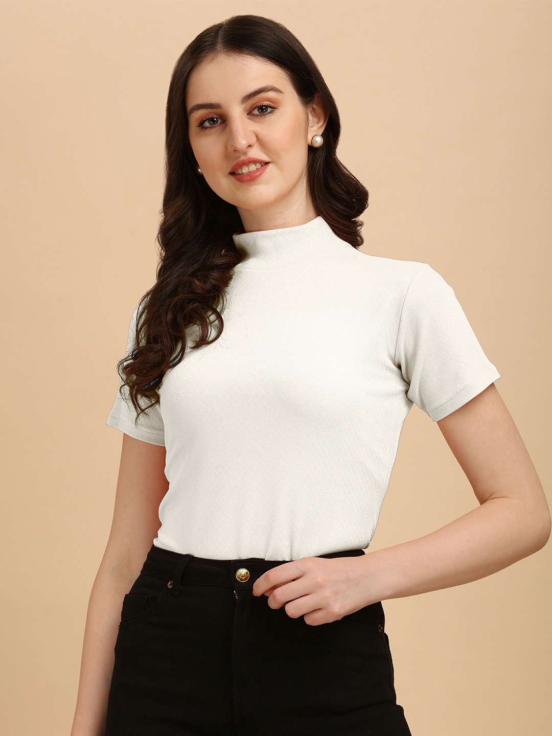 

CORSICA solid High neck short regular sleeves Top, White