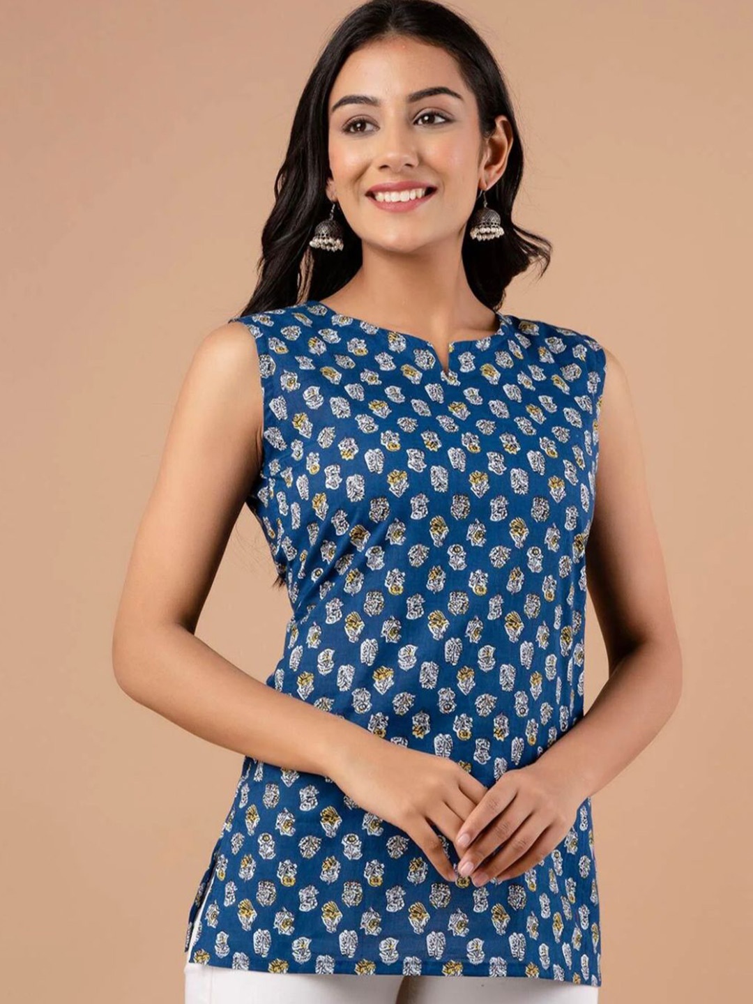 

Rangun Floral Printed Longline Top, Blue