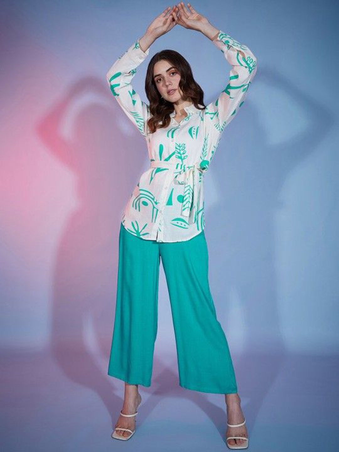 

BAESD Floral Printed Shirt Collar Pure Cotton Shirt & Palazzos, Green
