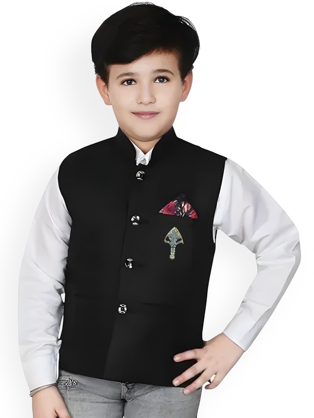 

Qitty Boys Mandarin Collar Cotton Jute Nehru Jacket With Shirt & Pocket Square, Black