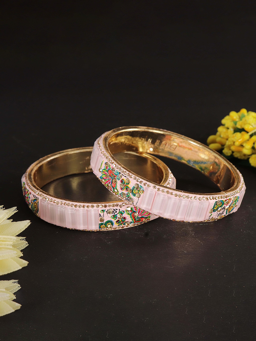 

ZULKA Set of 2 Zircon Diamond & Crystal Studded Metal Kada Bangles, Pink