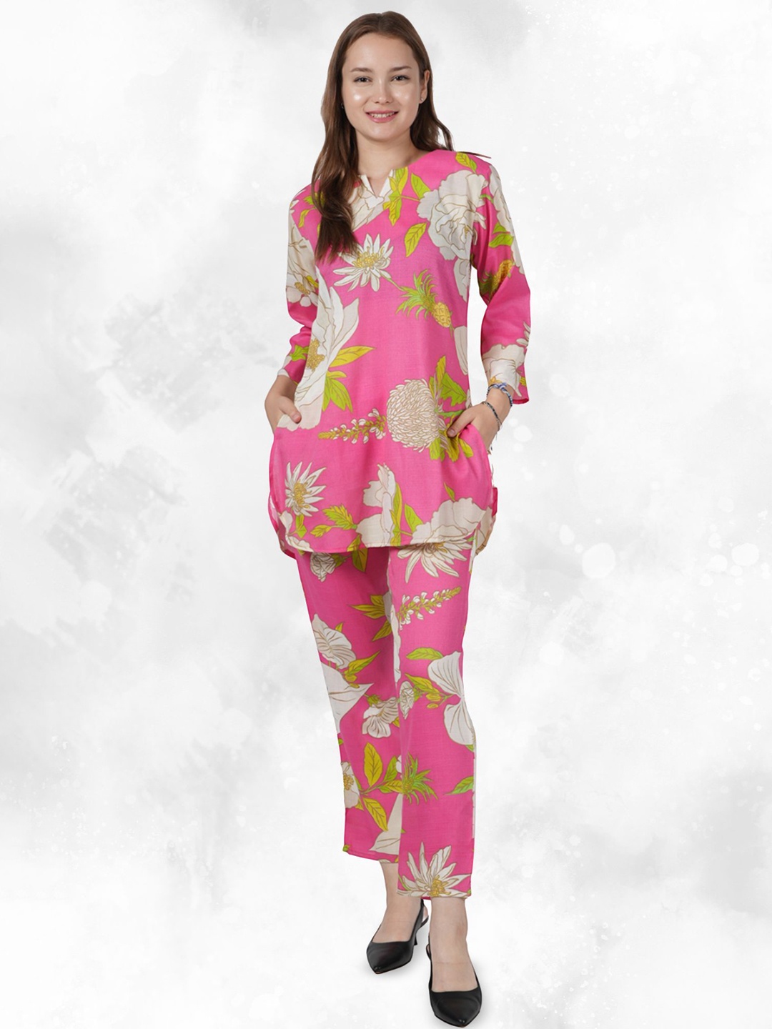 

BAESD Floral Printed Notch Neck Pure Cotton Tunic With Trouser, Pink