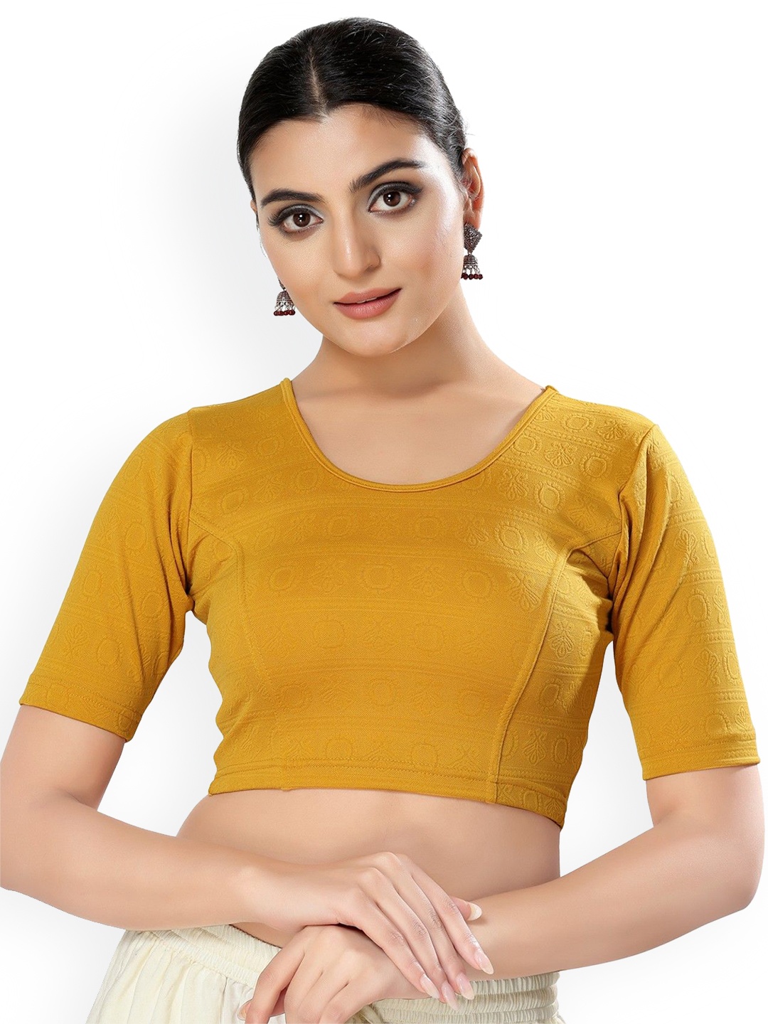 

Mmore Round Neck Slip-On Stretchable Saree Blouse, Mustard