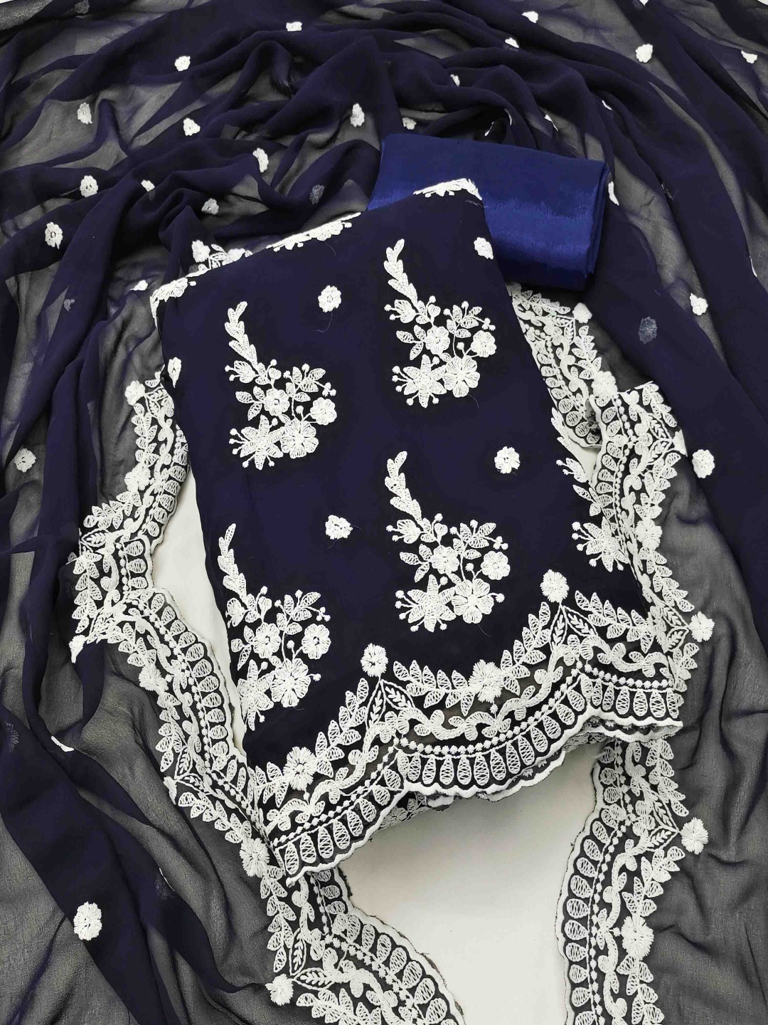 

KIMISHA Floral Zari Embroidered Unstitched Dress Material, Navy blue