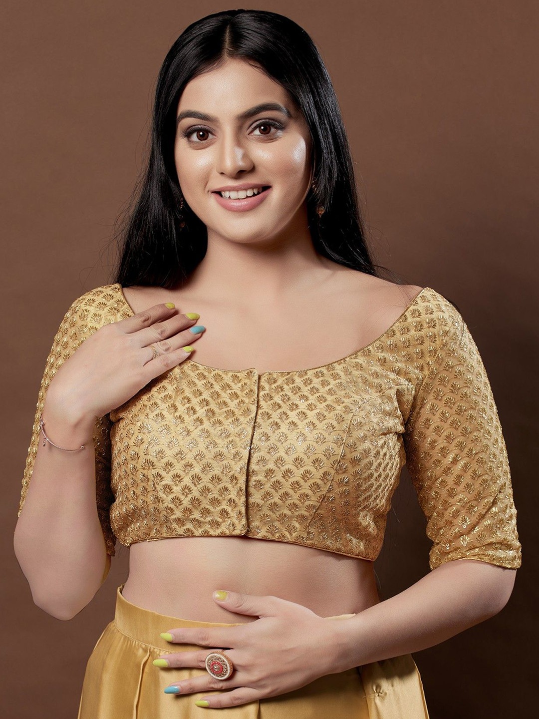 

Mmore Women Embroidered Round Neck Saree Blouse, Gold
