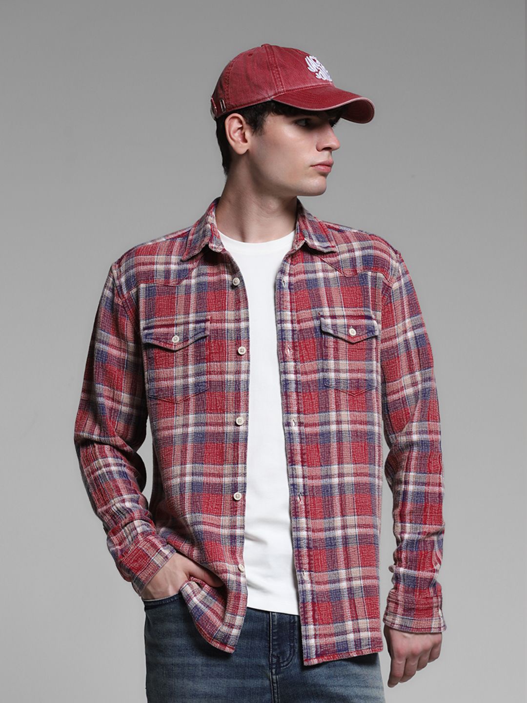 

Jack & Jones Men Spread Collar Checked Cotton Casual Shirt, Red