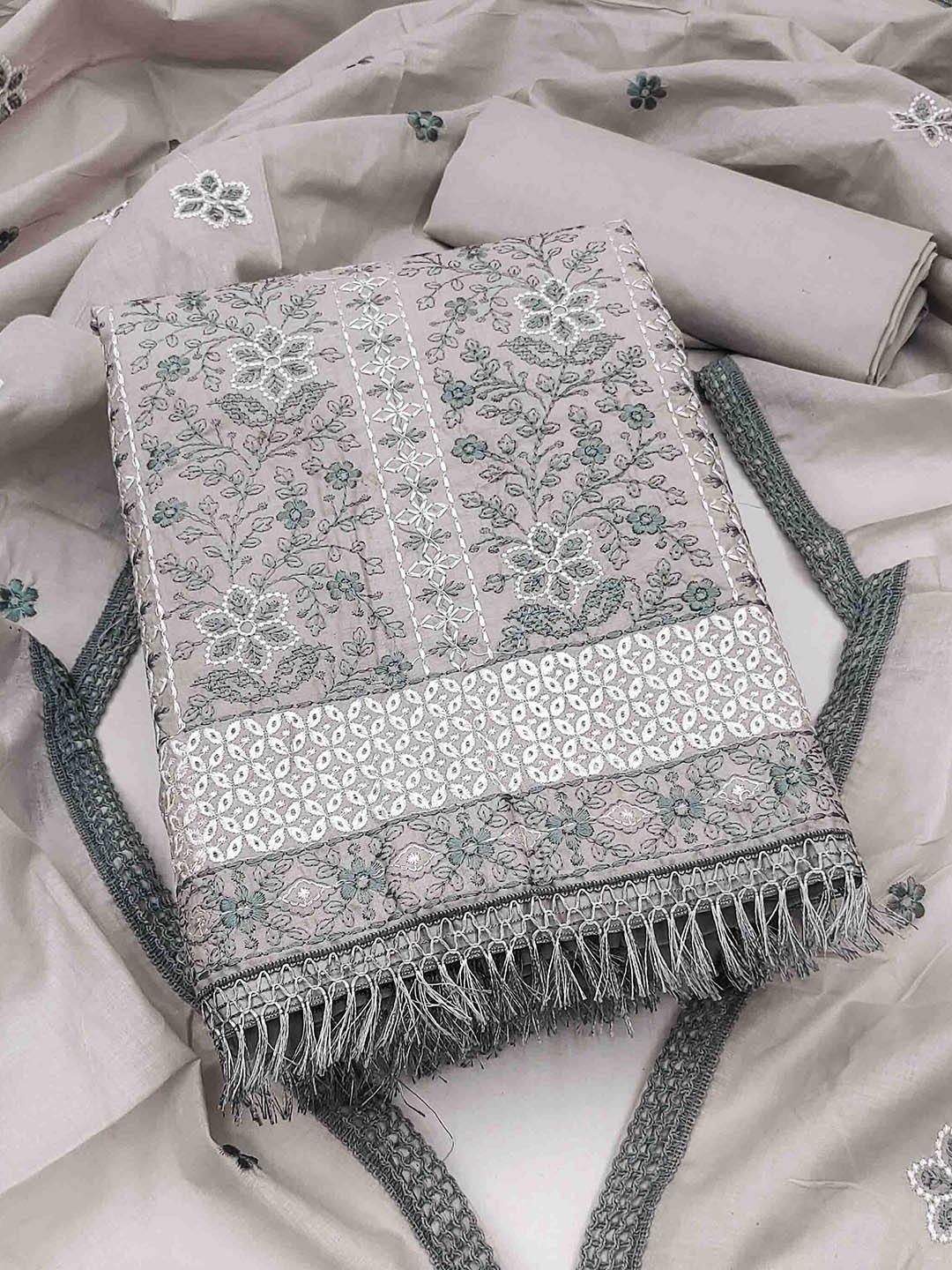 

Blissta Floral Embroidered Thread Work Unstitched Dress Material, Grey