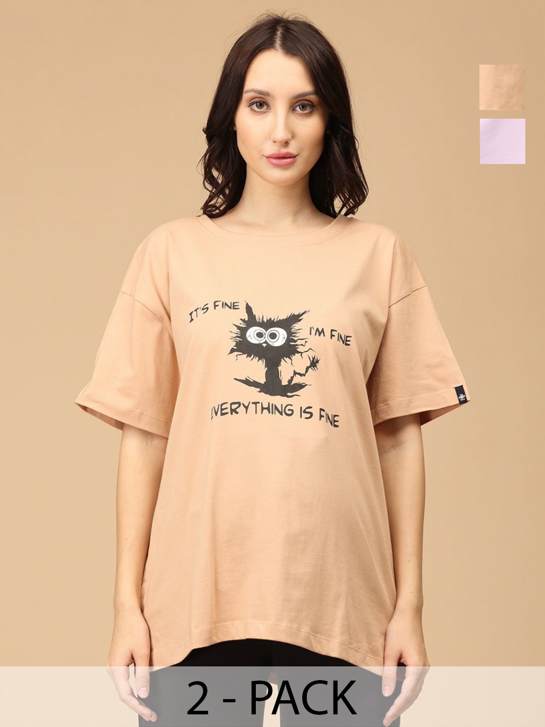 

The Mom Store Women Pack Of 2 Graphic Printed Round Neck Cotton Oversized T-shirts, Beige