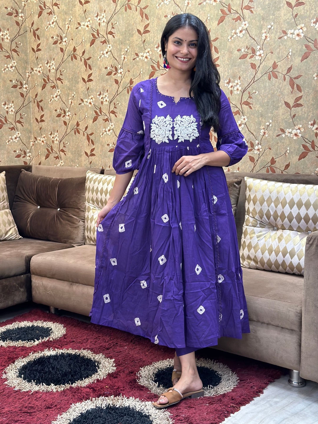 

DIVASTRI Bandhani Printed Thread Work Pleated A-Line Kurta with Trousers, Purple