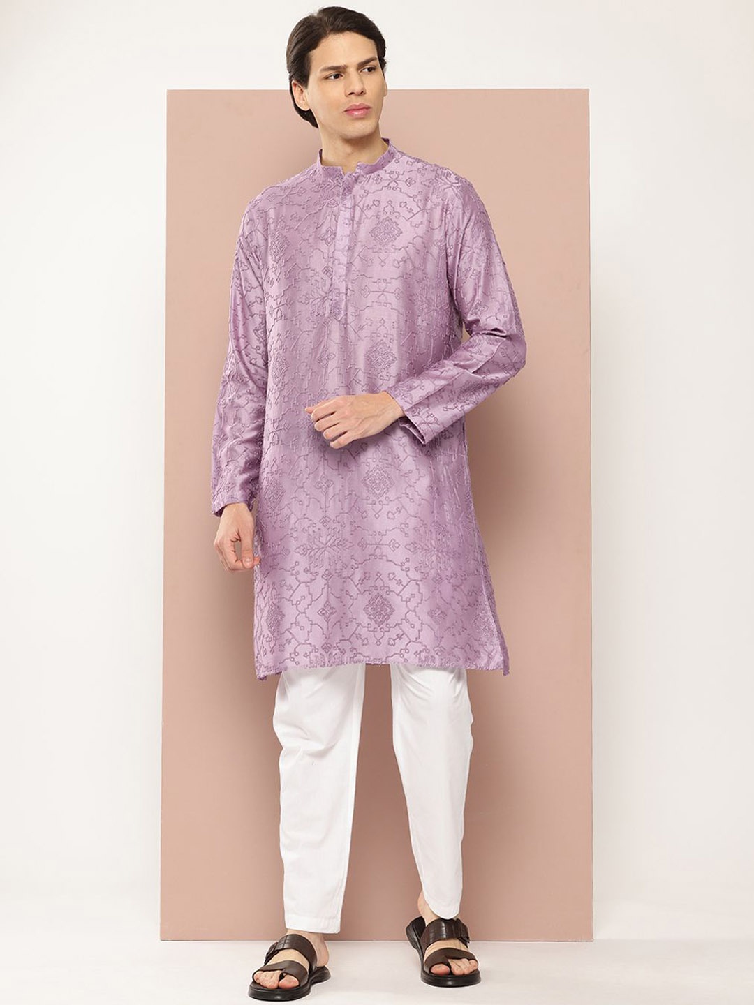 

See Designs Woven Design Embroidered Mandarin Collar Chanderi Silk Straight Kurta, Lavender