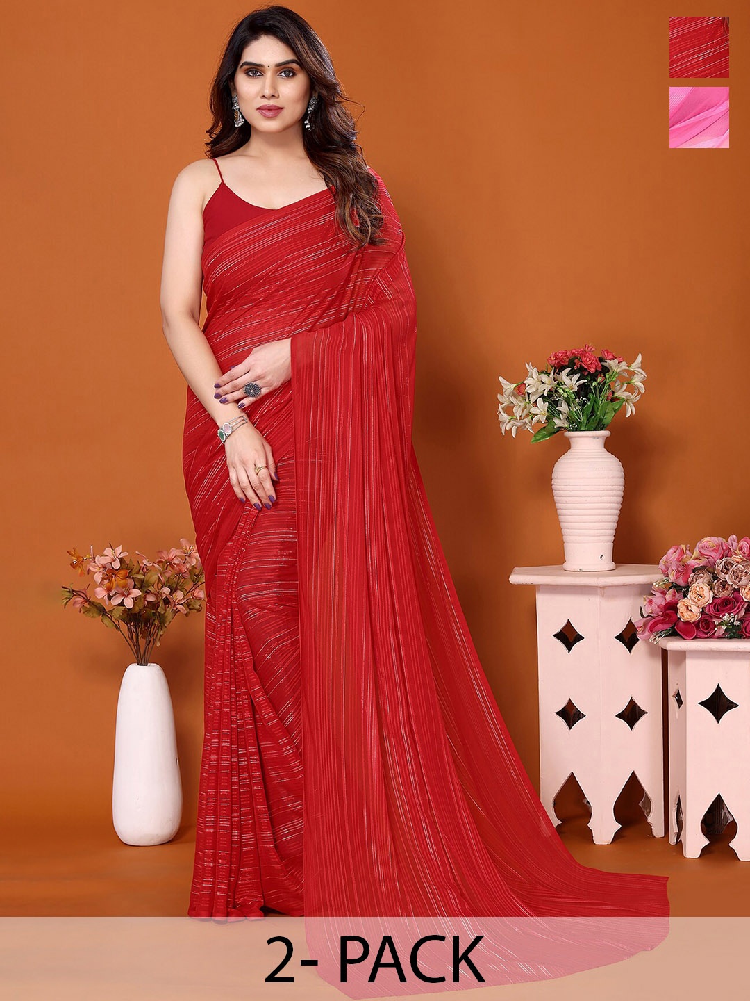 

Moda Rapido Pack Of 2 Striped Satin Saree, Red