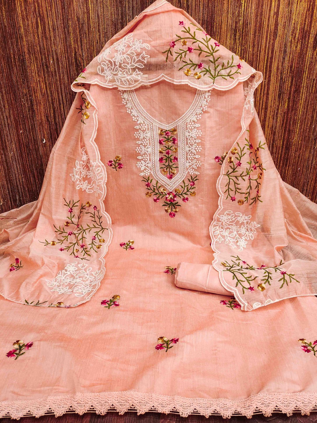 

Blissta Floral Embroidered Unstitched Dress Material, Peach