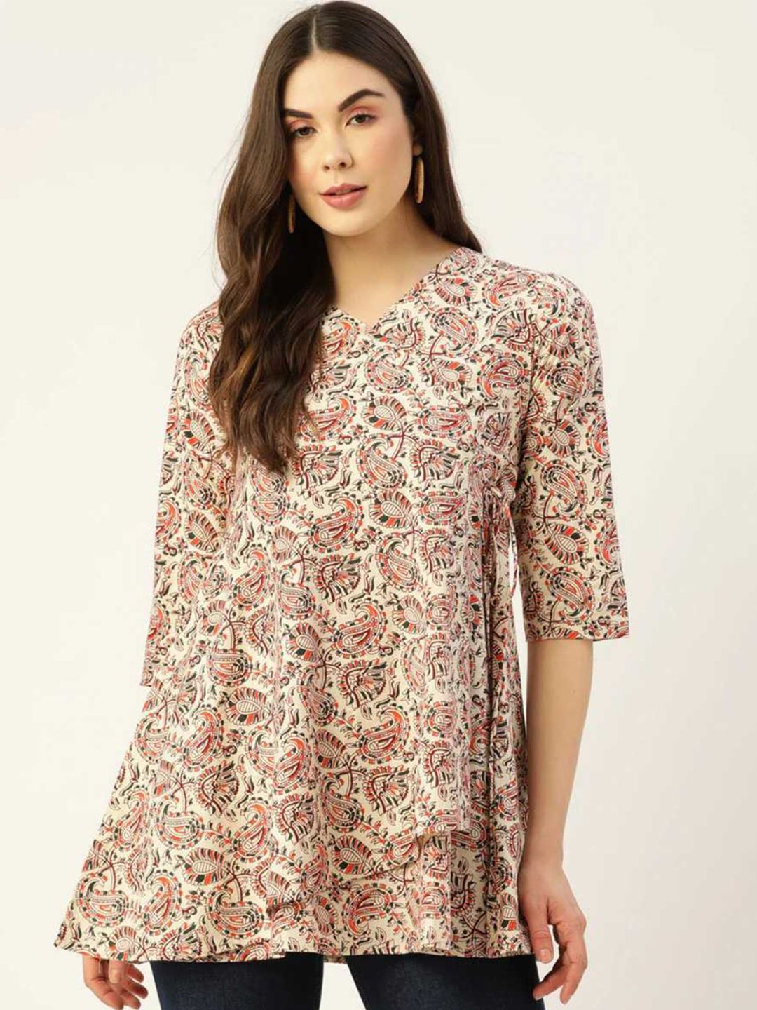 

Rangun Women Floral Printed Wrap Top, Beige