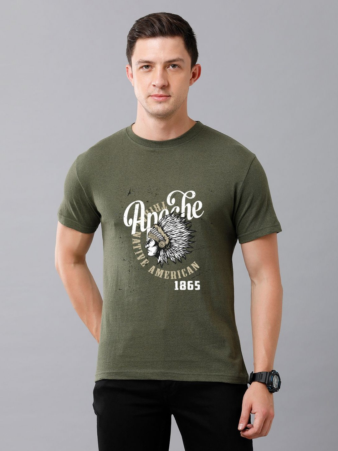 

Moda Rapido Men Graphic Printed Round Neck Cotton T-shirt, Olive