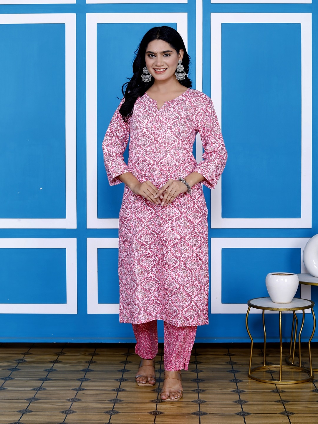 

KALINI Floral Printed Notch Neck Pure Cotton Kurta With Trouser, Pink