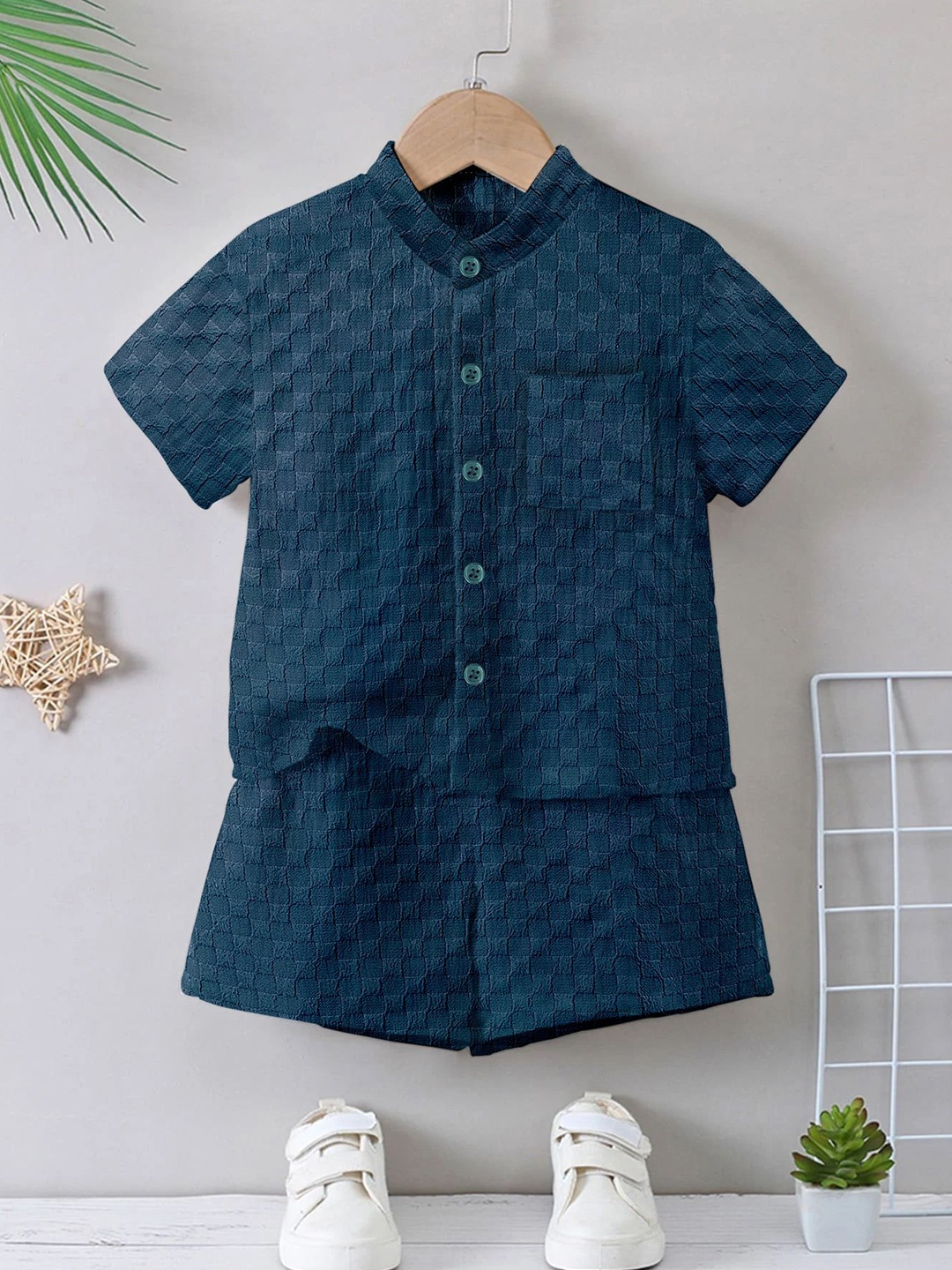 

YK Boys Self Design Band Collar Short Sleeves Shirt With Shorts, Blue