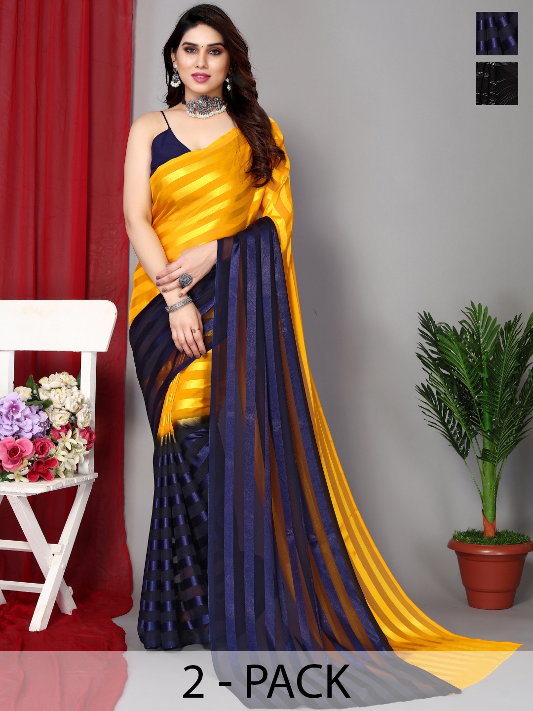 

Moda Rapido Pack Of 2 Striped Satin Saree, Yellow