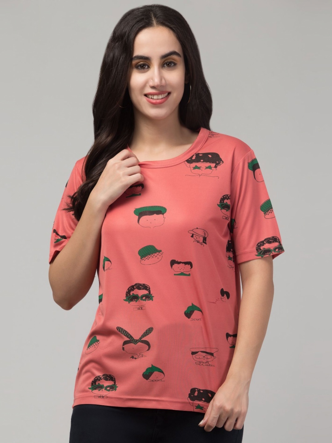 

CLOTHY Women Graphic Printed Round Neck T-shirt, Coral