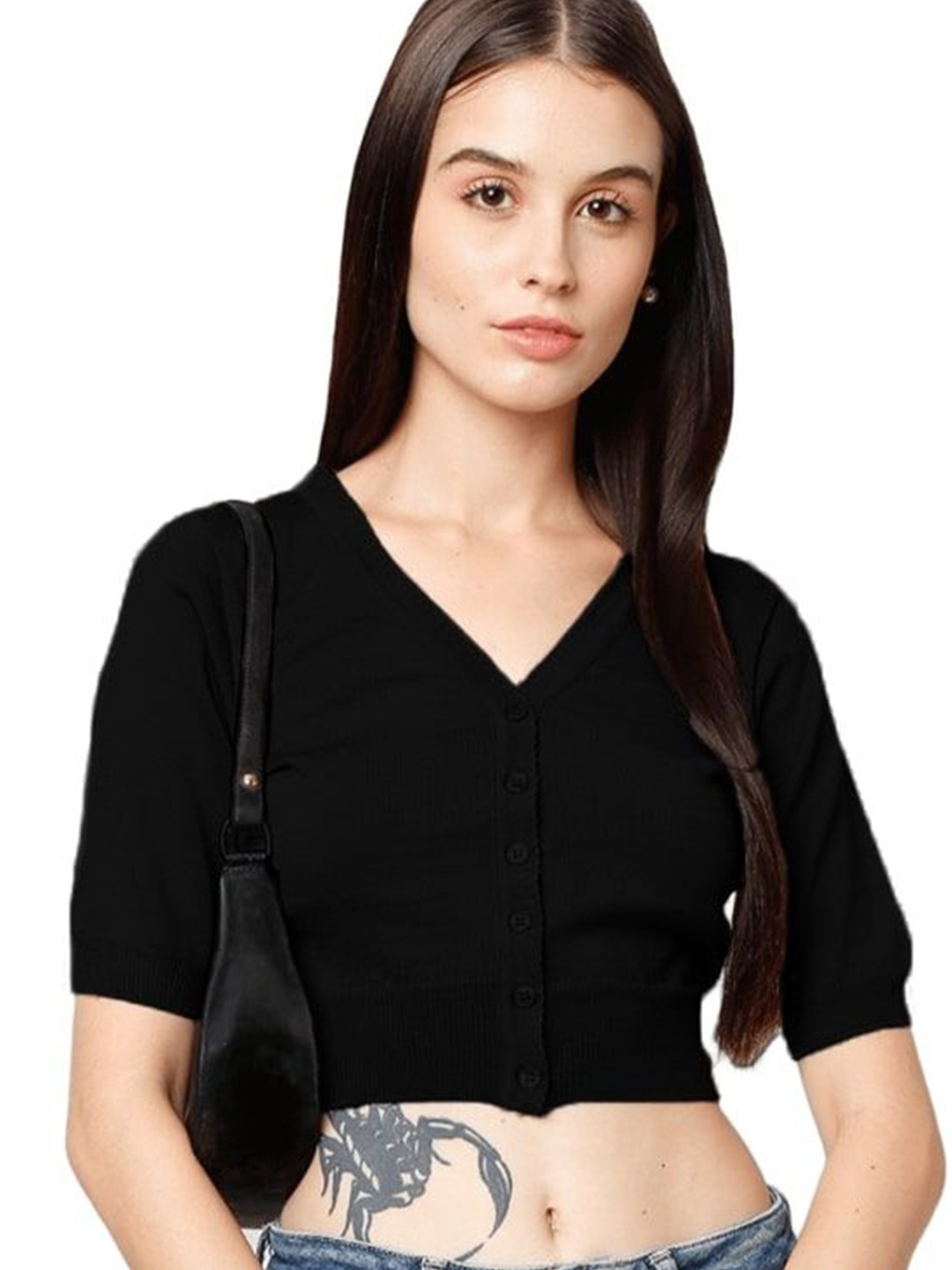 

BAESD Women Woollen Crop Cardigan, Black