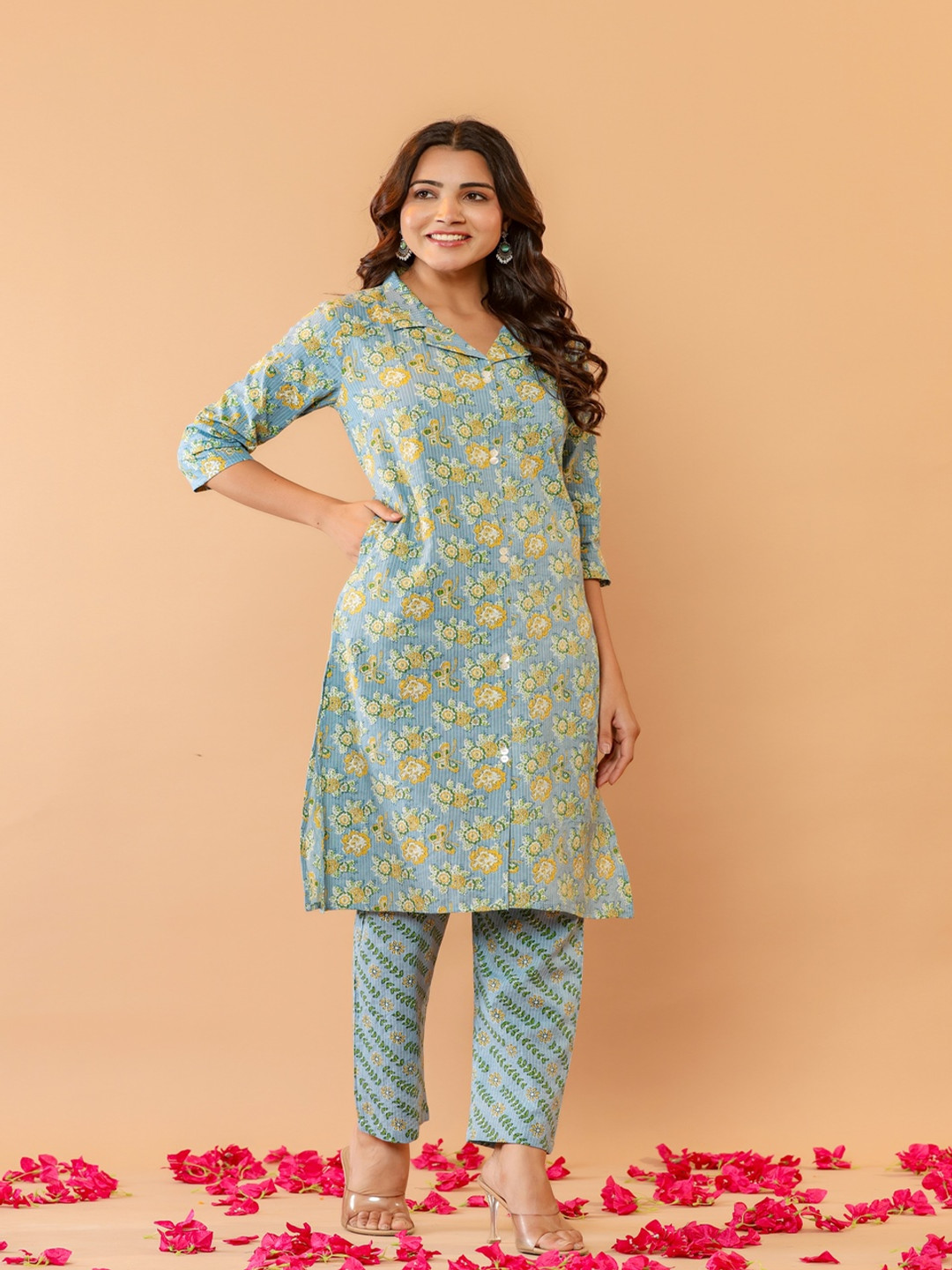 

FLAMBOYANT Floral Printed Shirt Collar Straight Top With Trouser, Blue