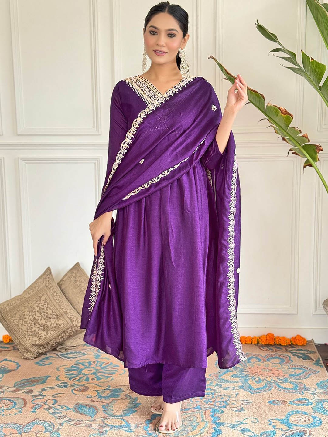 

BAESD Women Ethnic Motifs Embroidered Regular Silk Crepe Kurti with Trousers & With Dupatta, Violet