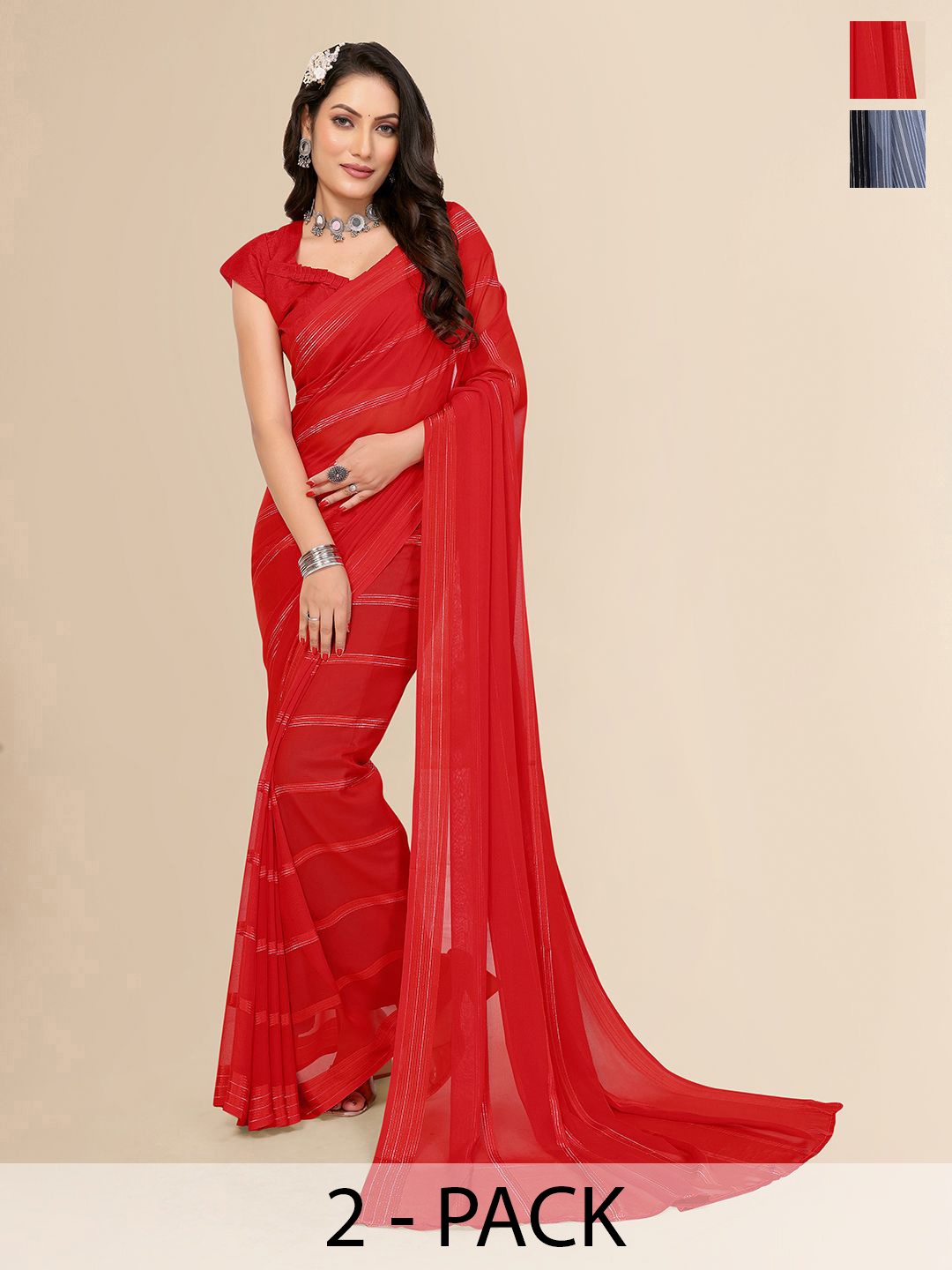 

Moda Rapido Pack Of 2 Striped Satin Saree, Red