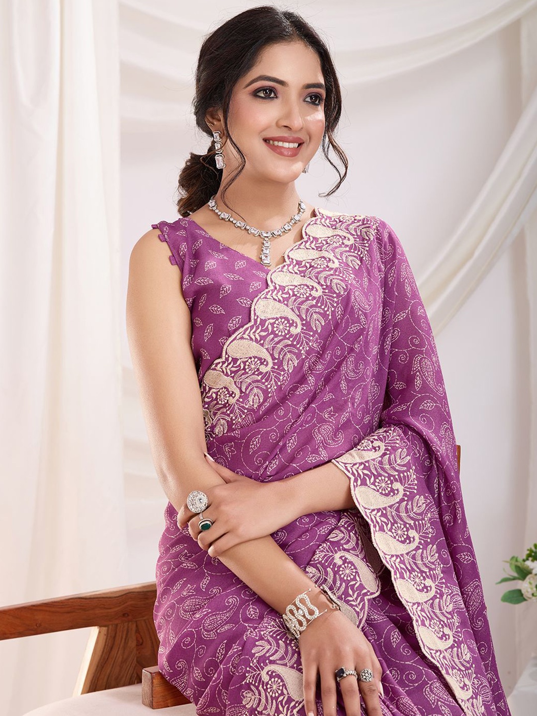 

Mitera Paisley Embroidered Poly Georgette Saree, Purple