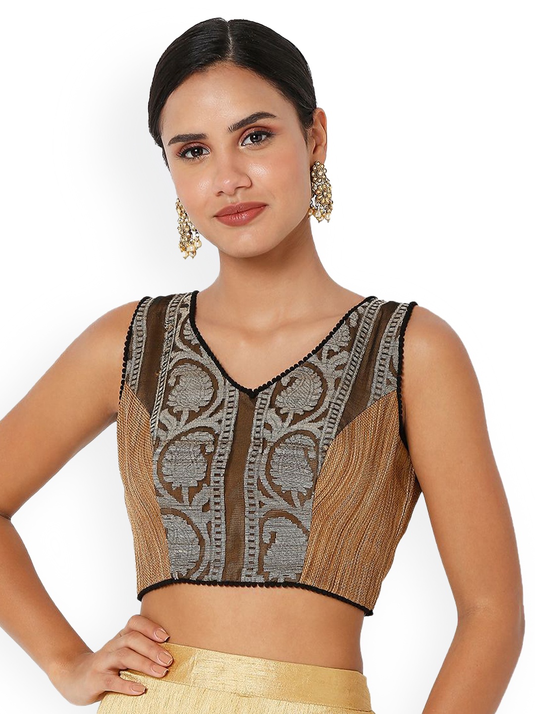 

Mmore Self Design Cotton Padded Sleeveless Saree Blouse, Gold