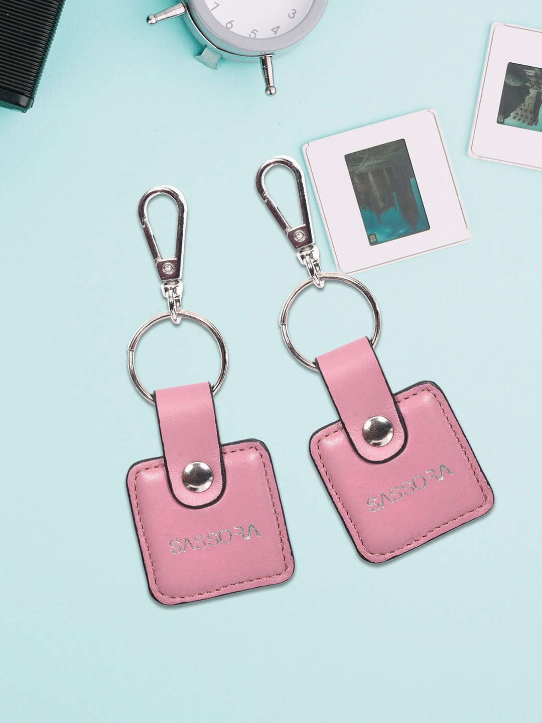 

Sassora Set Of 2 Printed Square Shape Genuine Leather Key Chains, Pink
