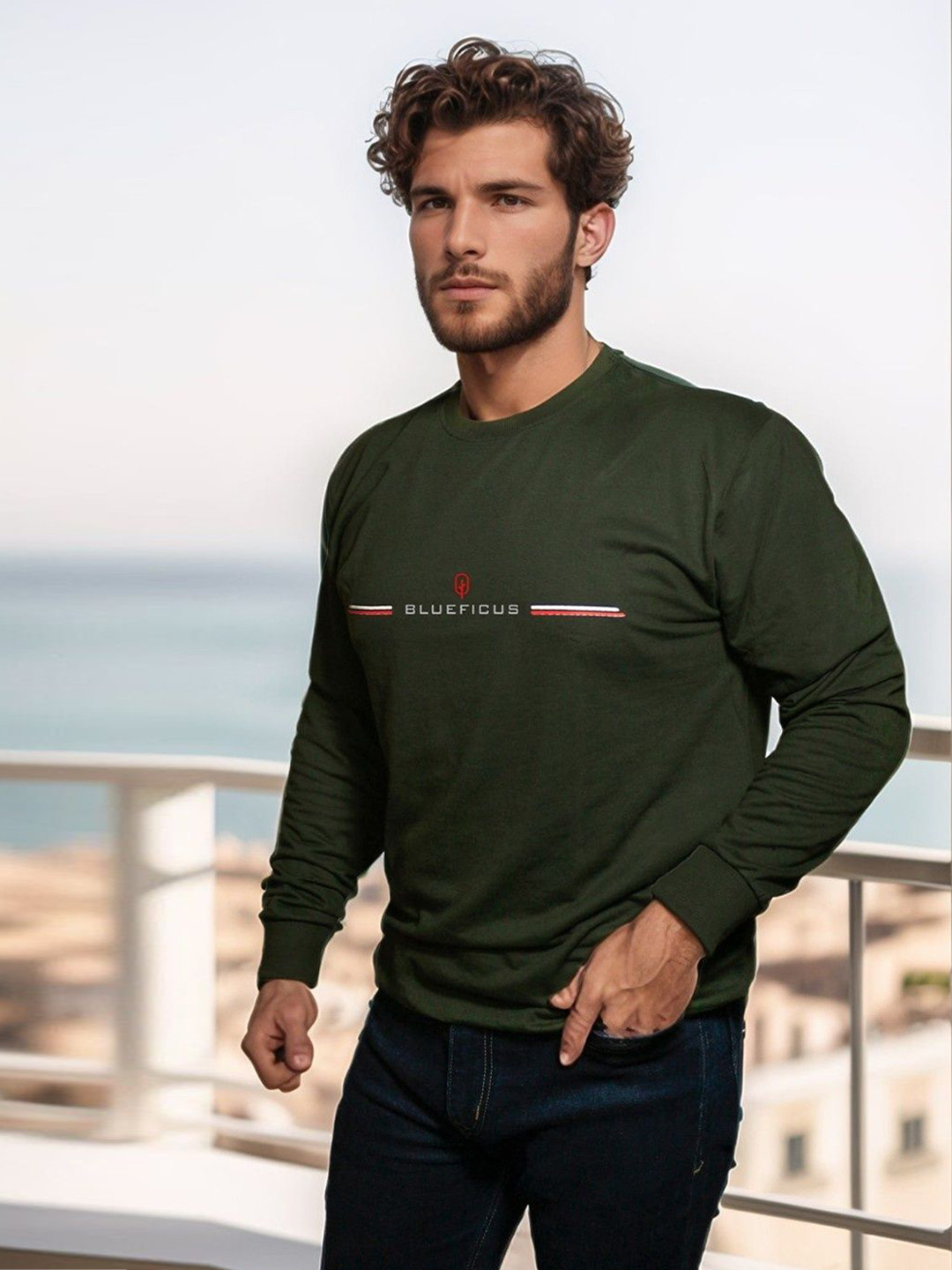 

BLUEFICUS Men Round Neck Cotton Pullover Sweatshirt, Green