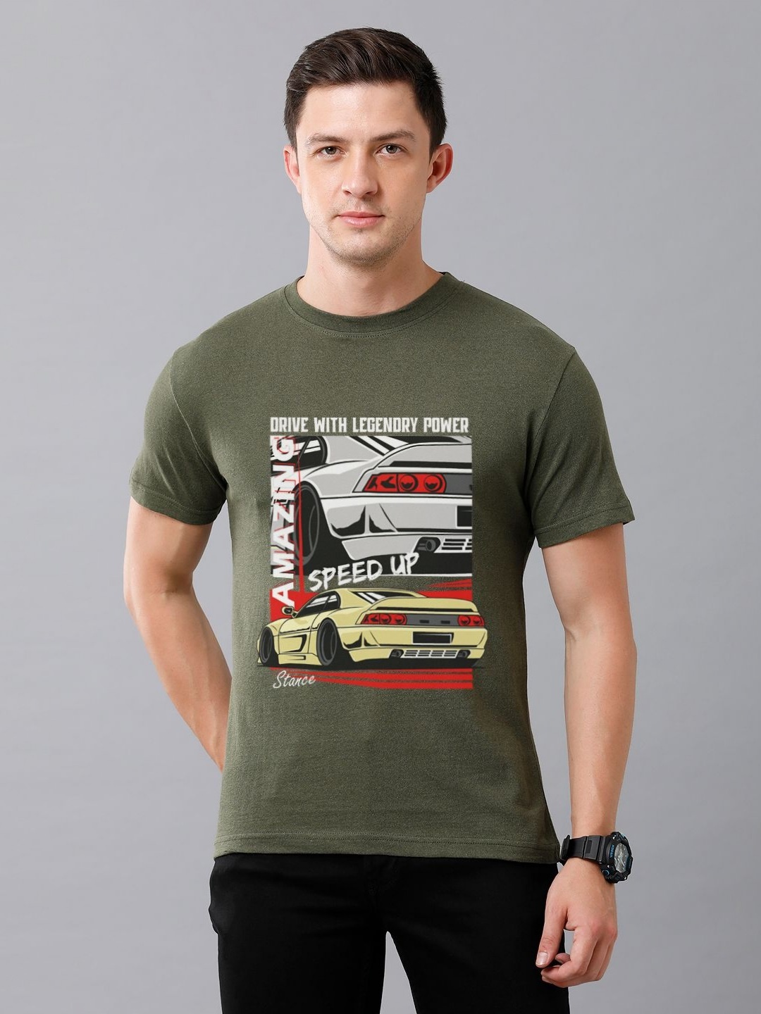 

Moda Rapido Men Cars Graphic Printed Round Neck Cotton T-shirt, Olive