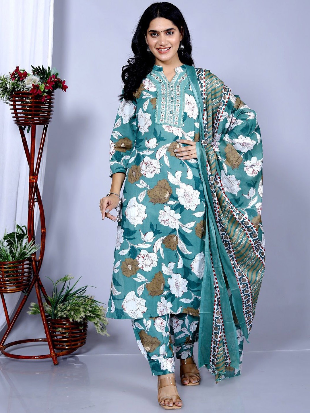 

KALINI Floral Printed Mandarin Collar Pure Cotton Straight Kurta With Salwar & Dupatta, Blue