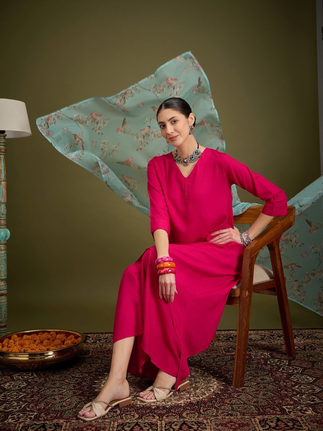 

InWeave Women Regular Kurta with Palazzos & With Dupatta, Fuchsia