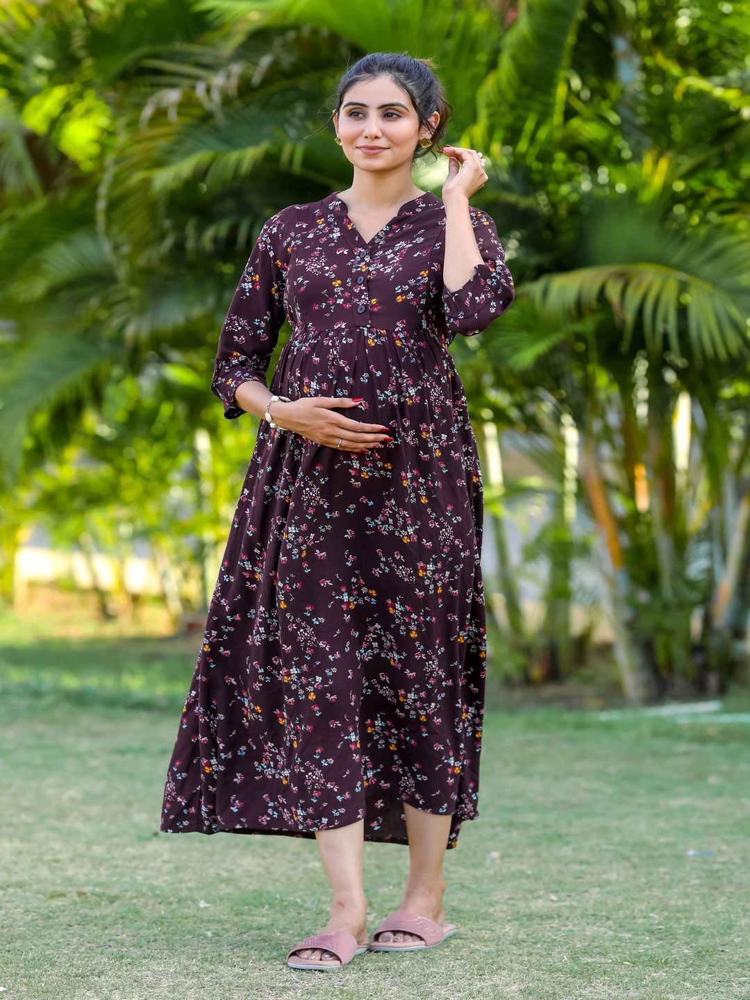 

SWEET MOON Floral Printed Mandarin Collar Fit and Flare Maternity Midi Dress, Purple