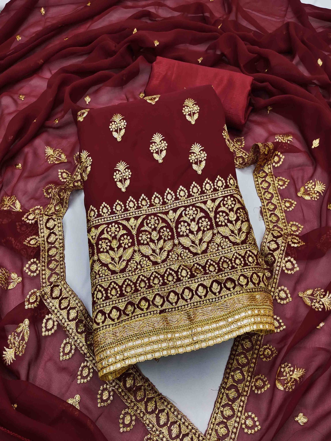 

Blissta Floral Embroidered Zari Work Unstitched Dress Material, Maroon