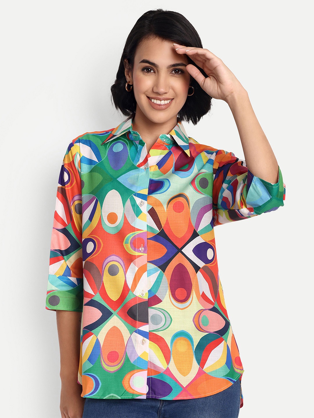 

GAB Women Spread Collar Geometric Printed Cotton Casual Shirt, Orange